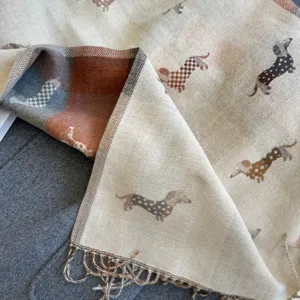 Autumn winter women warm cashmere feel scarf with cute puppy jacquard and plaid design.