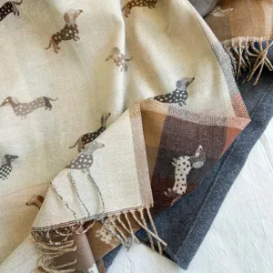 Cashmere-feel dachshund jacquard scarf detail, cozy winter reversible plaid shawl.