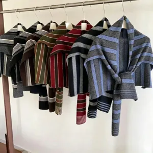 Women's 100% Wool Striped T-Shaped Shawl Autumn Winter Warm Knitted Scarf Fashion Layering Outerwear Neck Cover