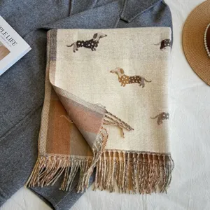 Detailed view of autumn winter dog jacquard imitation cashmere scarf with fringe hem cozy.