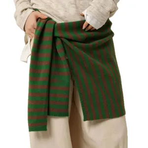 Green brown striped wool knit shawl women autumn winter layered scarf stylish warm wrap