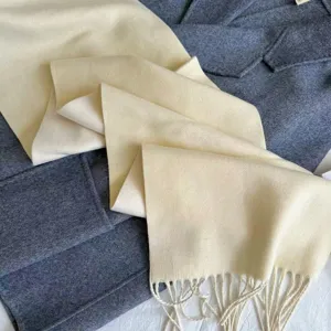 Cashmere feel winter scarf detail, solid beige color, soft warm fringe fashion neck warmer.