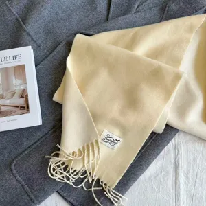 Cozy imitation cashmere winter scarf with fringe detail in soft beige tone warm neck wrap