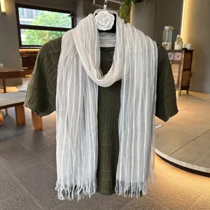 Women lightweight sheer long fringe scarf summer versatile breathable shawl wrap white