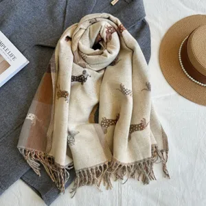 Women Winter Warm Imitation Cashmere Scarf Cute Puppy Jacquard Tassel Soft Long Shawl Fashion Casual Neck Scarf
