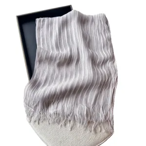 Lightweight long vertical striped fringe scarf for women, elegant summer sun protection shawl.