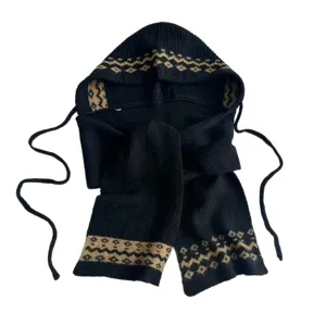 Black knit hooded scarf for women winter warm balaclava with fair isle pattern and drawstrings.