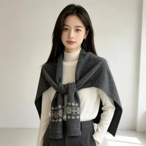 Korean style pure wool vintage knit jacquard shawl scarf for women winter warm.