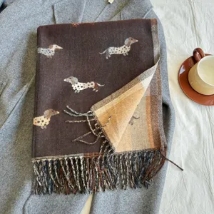 Autumn winter women imitation cashmere scarf cute dog jacquard reversible warm cozy shawl wrap