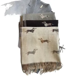 Autumn winter warm imitation cashmere scarf with cute puppy jacquard and elegant fringe design.