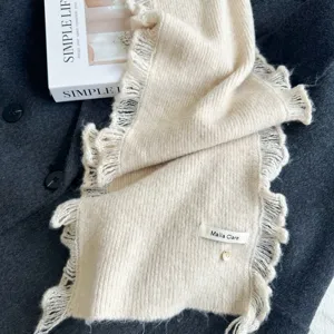 Solid color knit scarf with lace fringe, thick warm winter neck warmer for students.