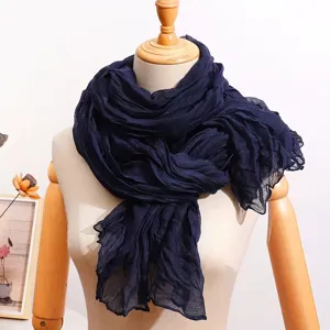 Navy blue crinkled cotton linen scarf shawl, vintage solid color lightweight women's neck wrap.