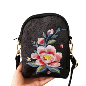 Black Chinese style embroidered crossbody bag vintage floral shoulder bag for women