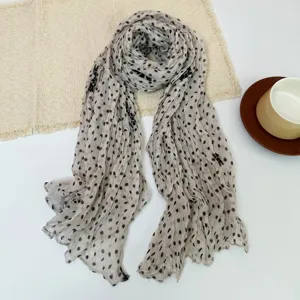 Korean style crinkled polka dot cotton linen scarf for women spring autumn accessory