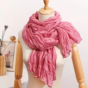 Pink crinkled linen scarf women spring autumn fashion solid color lightweight shawl wrap