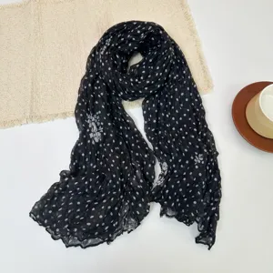 Korean style wrinkled polka dot floral cotton linen scarf for women spring autumn shawl