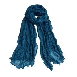 Women stylish solid color crinkled linen cotton scarf, elegant vintage shawl for spring autumn.