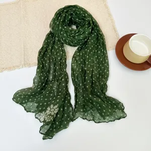 Green pleated polka dot floral cotton linen scarf for women, elegant ethnic style shawl.
