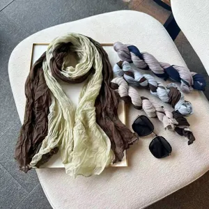 Women Fashion Pleated Color Block Scarf Lightweight Polyester Shawl Vintage Casual Daily Wear Decorative Neck Scarf
