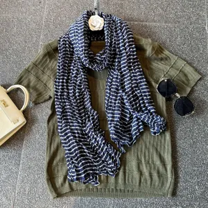 Women Casual Cotton Linen Pleated Striped Long Scarf Lightweight Versatile Fashion Neck Scarf Wrap Shawl