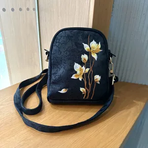 Chinese style black floral embroidered crossbody bag, elegant single shoulder retro purse.