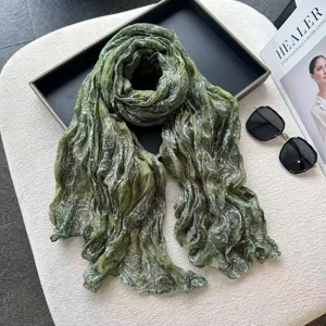 Green paisley linen cotton scarf elegant vintage long shawl for women autumn winter warm