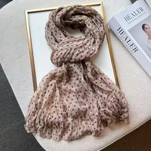 Korean style pleated polka dot cotton linen scarf for women, elegant spring autumn shawl.