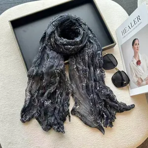 Dark grey crinkled paisley scarf, lightweight cotton linen long wrap for autumn and winter style.