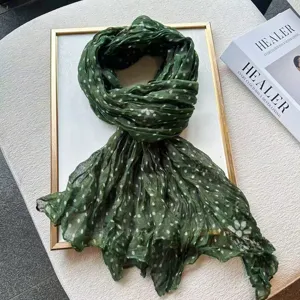 Green wrinkled polka dot cotton linen scarf for women, elegant daily neck wrap shawl main view