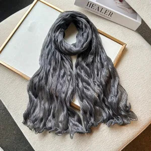 Dark grey pleated crinkle long scarf pearlescent lightweight breathable shawl wrap