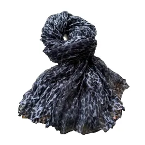 Classic grey leopard print scarf for women, lightweight wrinkled fashion winter warm shawl.