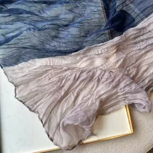 Stylish pleated color-block scarf detail, lightweight fabric for autumn winter chic wear.