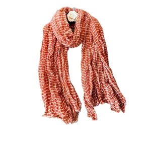 Women's pleated striped long scarf, fashionable brick red neck wrap for versatile daily wear.