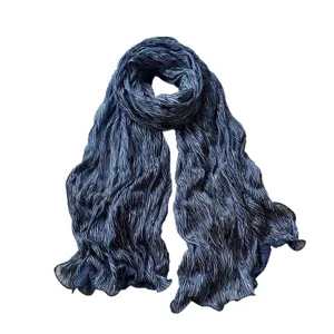 Blue crinkled long scarf for women, lightweight pleated neck wrap shawl for autumn spring.