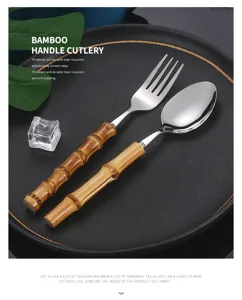 Stainless steel bamboo handle cutlery fork and spoon set for western food dining table decor.