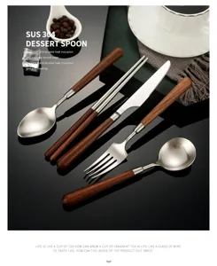 Stainless steel flatware set with wooden handle dessert spoon knife fork chopsticks tabletop