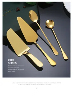 Gold stainless steel tableware set, including cake server and dessert spoons for home and hotel.