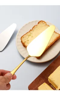 Stainless steel cake server knife golden baking tool for cutting bread, pizza, and cheese.