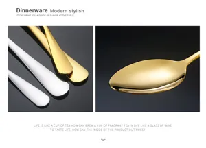 Stainless steel spoon detail shot, glossy golden and silver finish, smooth tableware edge.