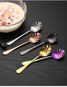 Stainless steel shell-shaped spoons, perfect for home dessert, coffee, ice cream, and baking use.
