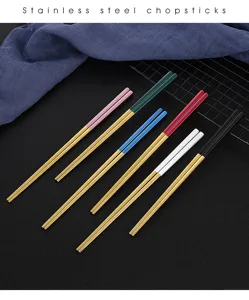 Stainless steel chopsticks detail view, showing multi-color metallic handles and fine craftsmanship.