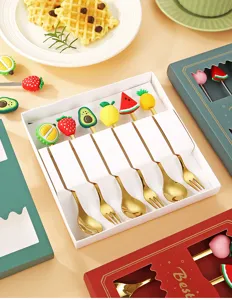 Cute fruit stainless steel fork spoon set with adorable cartoon handle for dessert coffee daily use.