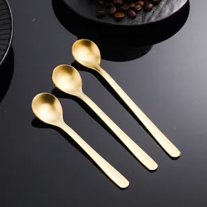 Stainless steel coffee spoon set, gold matte finish, long handle dessert stirring spoons.