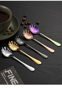 Stainless steel shell shaped coffee dessert spoons set, colorful kitchen tableware items.