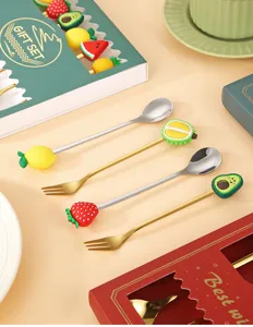 Stainless steel fruit spoon set creative cute silicone handle coffee dessert mixing spoon 4pcs