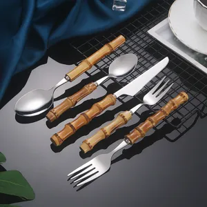 304 Stainless Steel Bamboo Handle Western Tableware Dinner Knife Fork Spoon Dessert Tea Cutlery Kitchen Dining Tool Gift