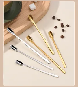 Edelstahl Langstiel Rührlöffel Detailansicht, elegante Kaffee- und Dessertteelöffel.