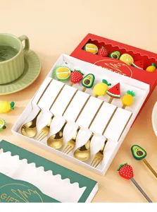 Stainless steel fruit spoon fork set with cute silicone toppers for coffee dessert and afternoon tea.