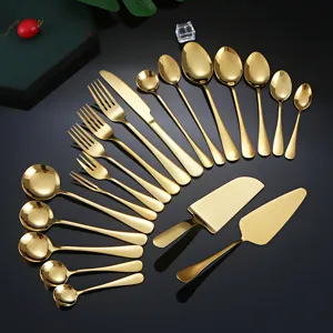 Gold stainless steel flatware set fork knife spoon kitchen tableware collection main view
