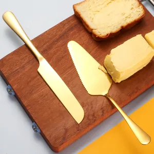 Gold stainless steel cake server and butter knife set for baking, kitchen, pizza.